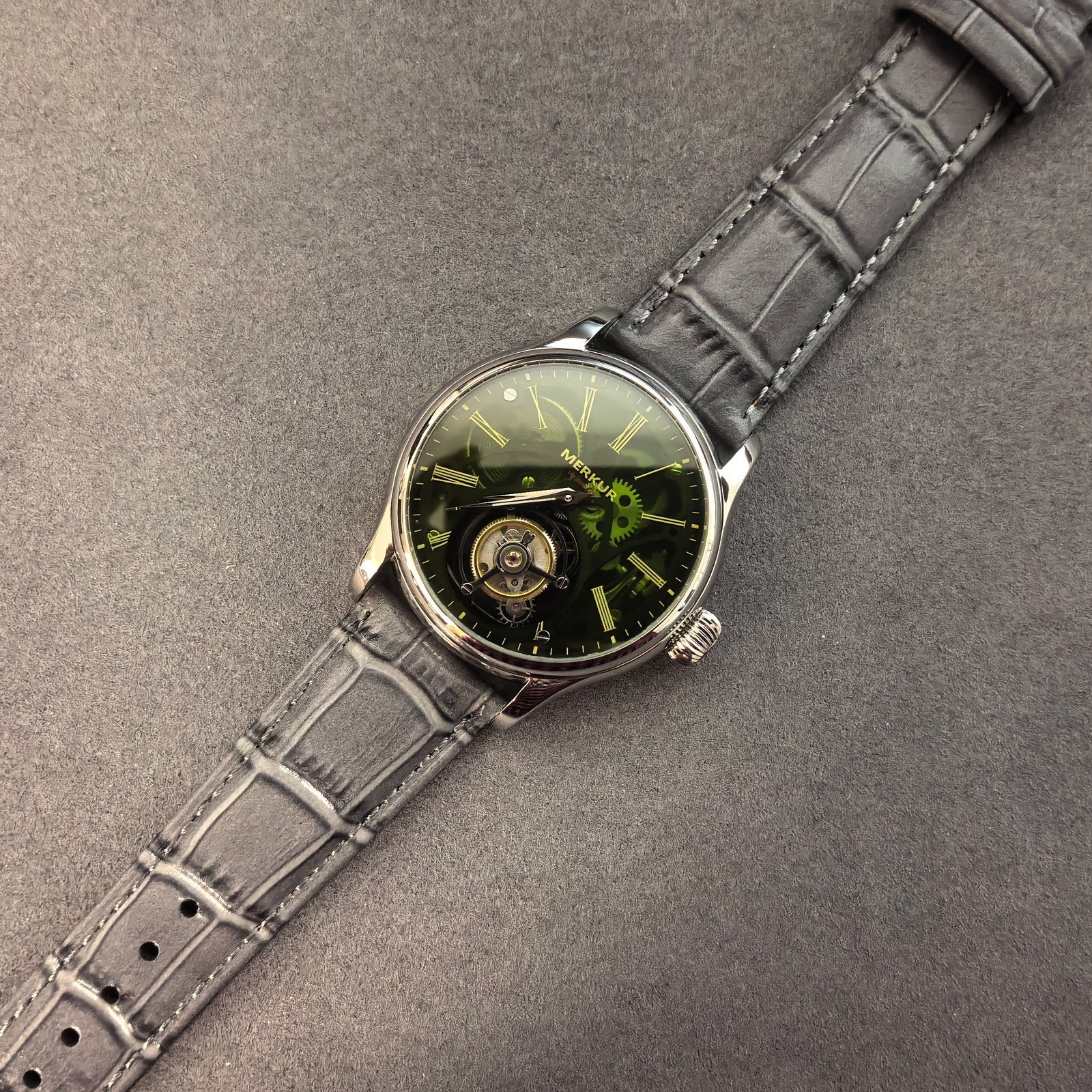 Merkur Men Tourbillon Watch 42mm Mechanical Wristwatch Sapphire Skeleton Dial