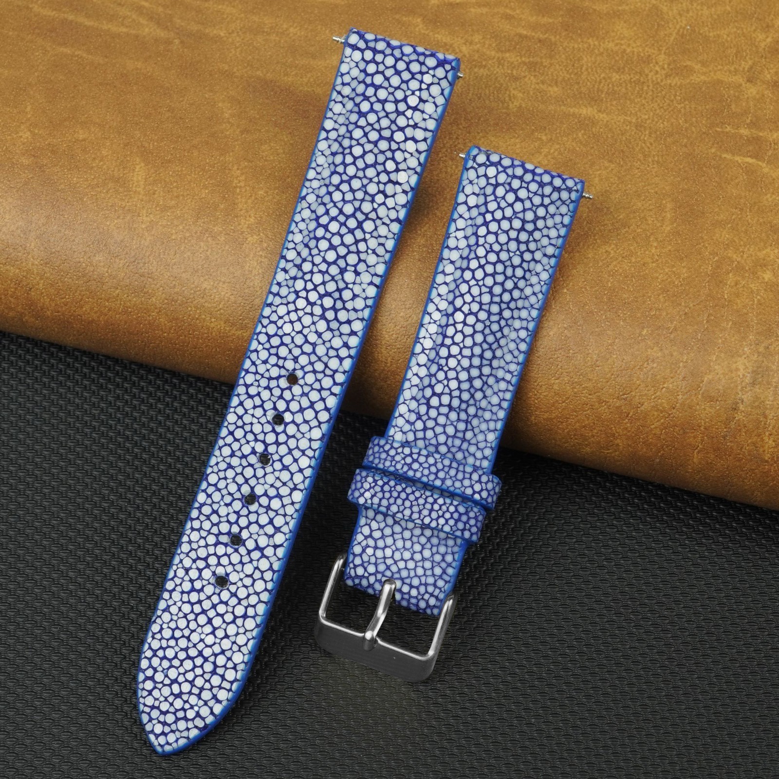 20mm Blue Leather Watch Strap Men Genuine Stingray Leather Watch Band Luxury