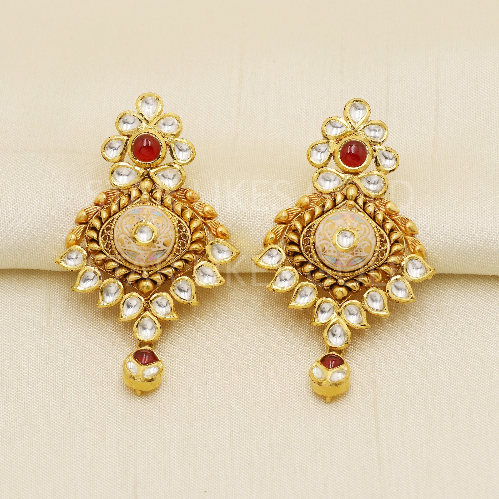 22K Yellow Gold Kundan Meenakari Choker Necklace Earrings Set Bridal 46g Fine
