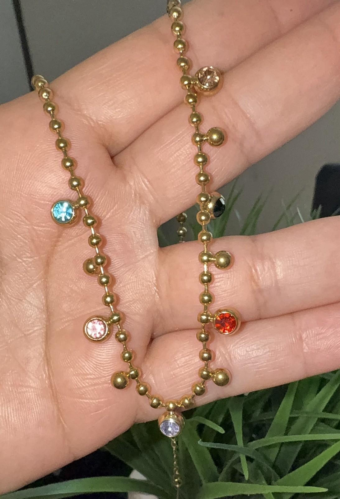 Gold Tone Ball Chain Station Necklace Multicolor Bezel Crystals/Stainless steel
