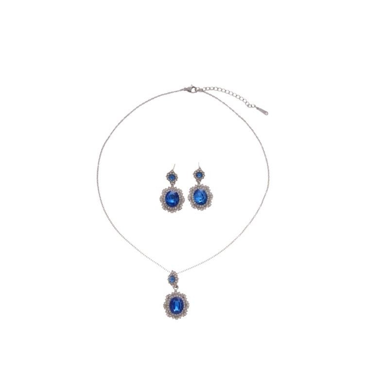 Silver Alloy 3Pcs Jewelry Set Blue Zirconia Halo Necklace Drop Earrings Ring