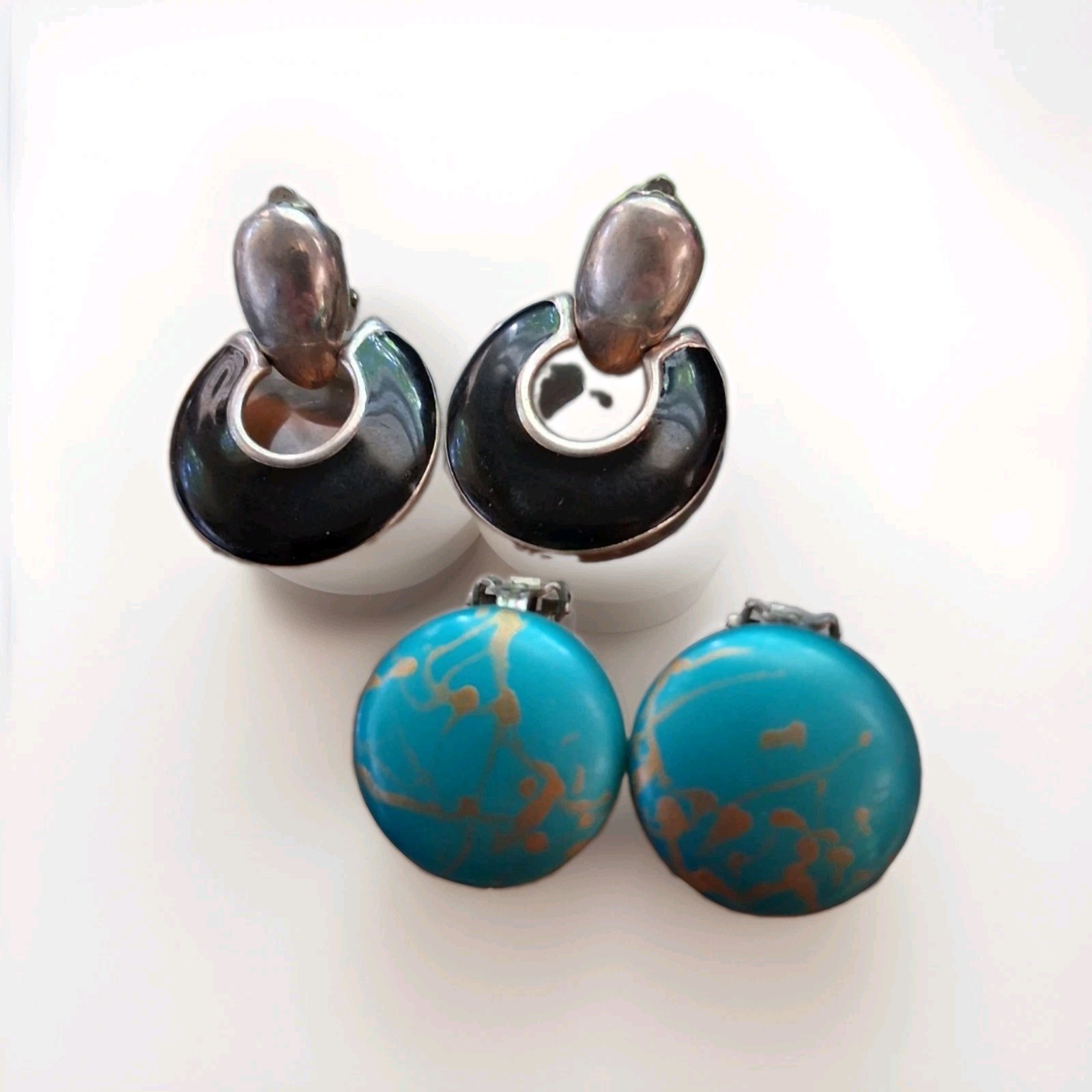 Vintage Costume Earrings Lot 5 Pairs Clip On Screw Back Faux Pearl Teal Enamel