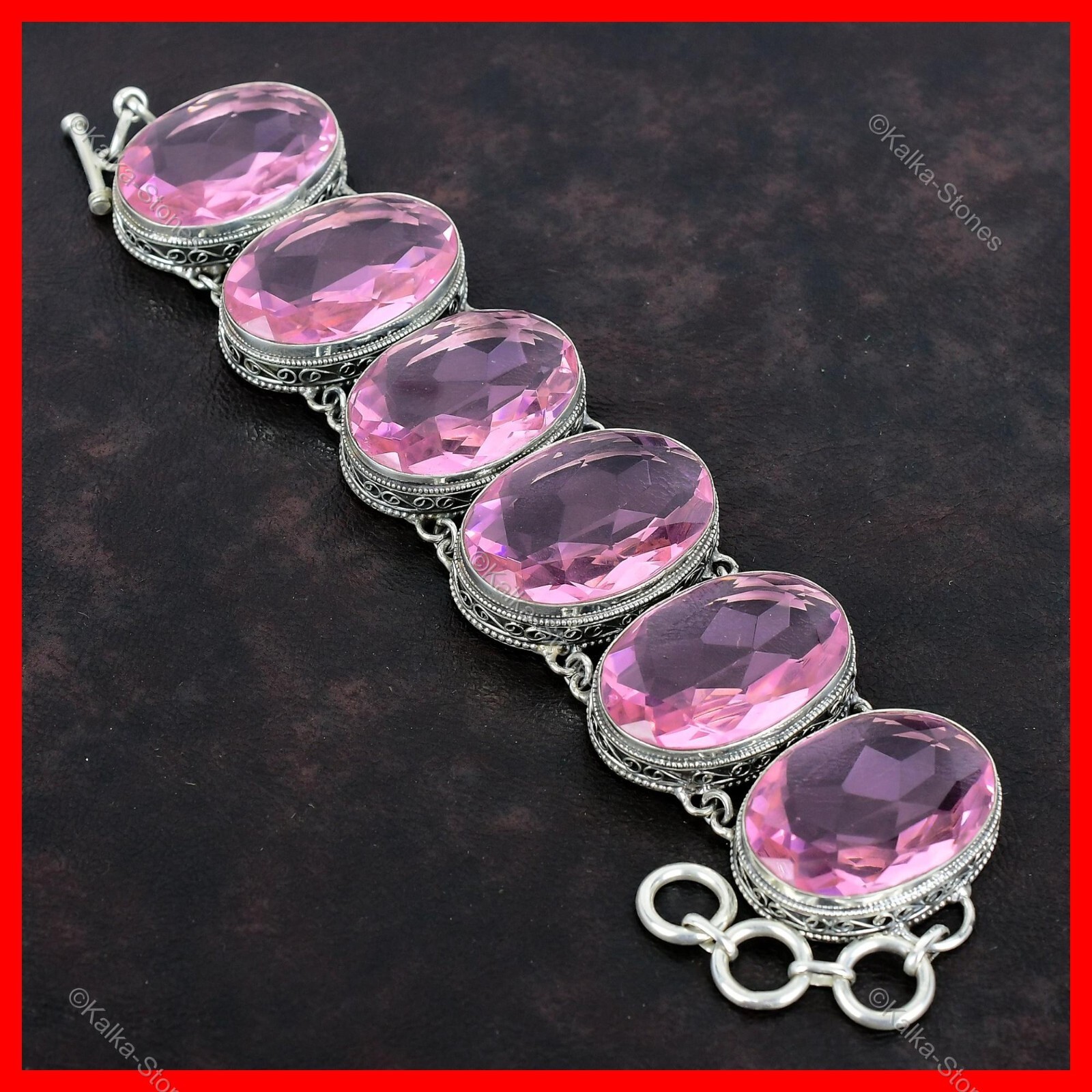 Natural Pink Kunzite Sterling Silver Engagement Vintage Chain Bracelet Jewelry