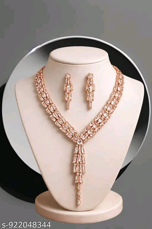 Indian Bollywood Designer Rose Gold Plated CZ Necklace Earring Jewellery Set