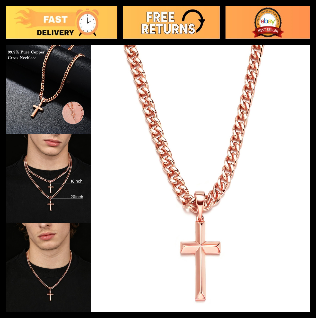 99.9% Pure Copper Cross Necklace – Solid Cuban Link Chain Jewelry for Men & Wome
