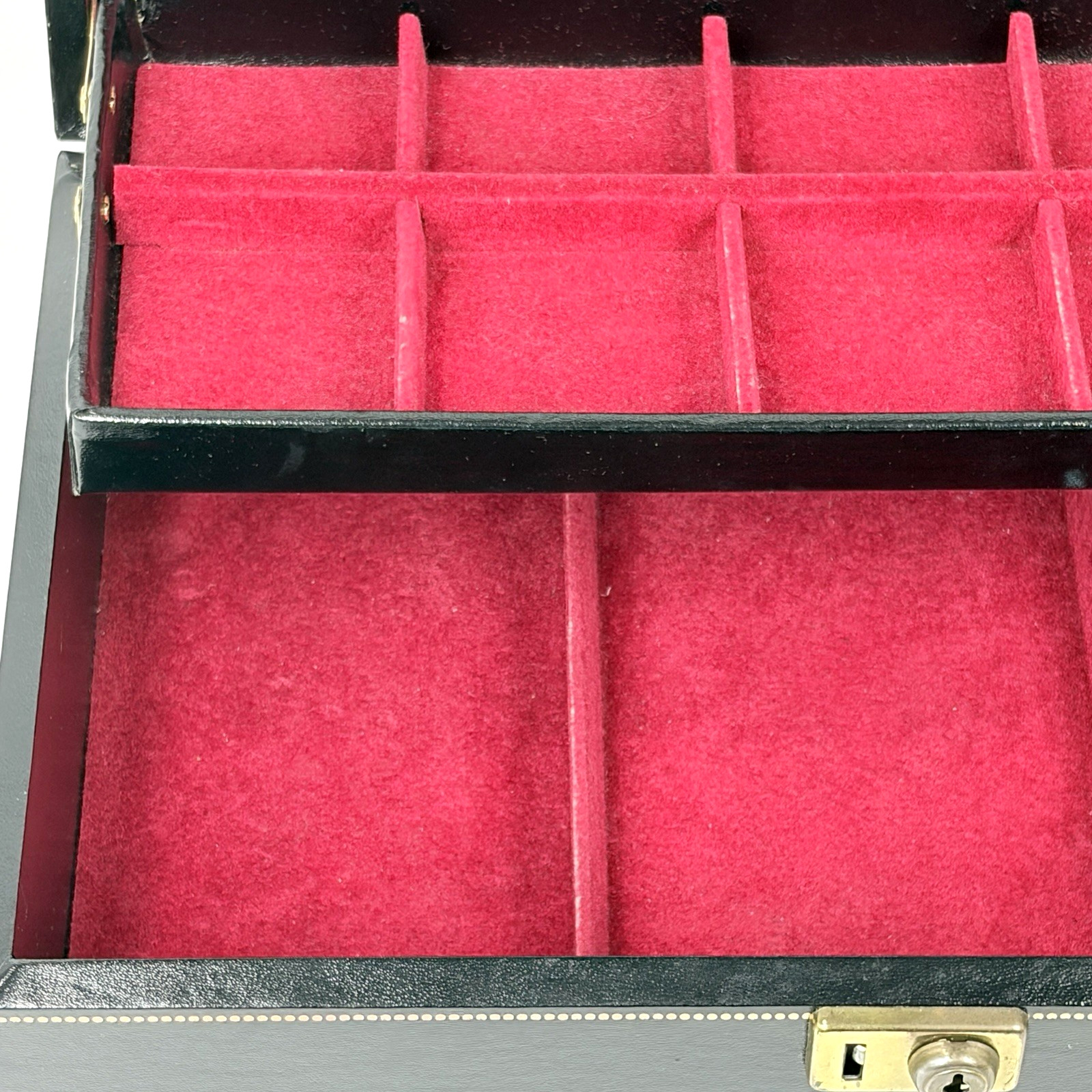 Vtg Black 2 Tier Jewelry Box Gold Clovers Dots Red Velvet Satin Lining NO Key