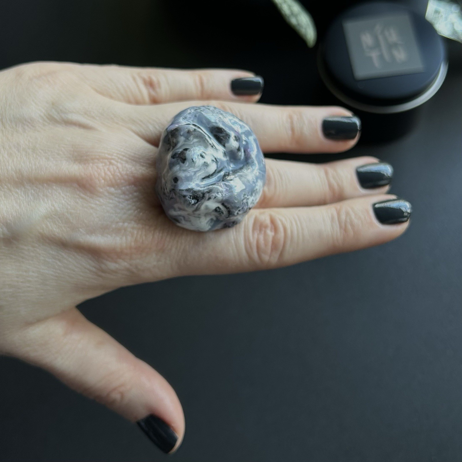 Handcrafted Statement Ring Chunky Resin Black Gray White Asymmetrical Art