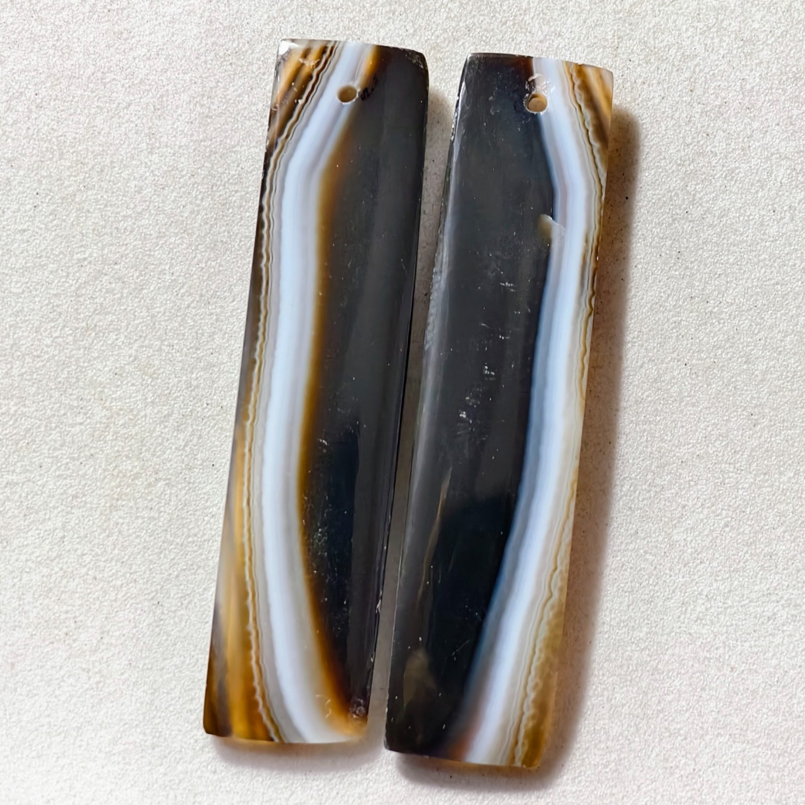 34 Cts Natural Black Banded Agate Drilled Pair Cabochon Gemstone 45.8X10.8 MM