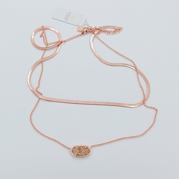 New Kendra Scott Elisa Herringbone Rose Gold Multi Strand Necklace in Rose Drusy