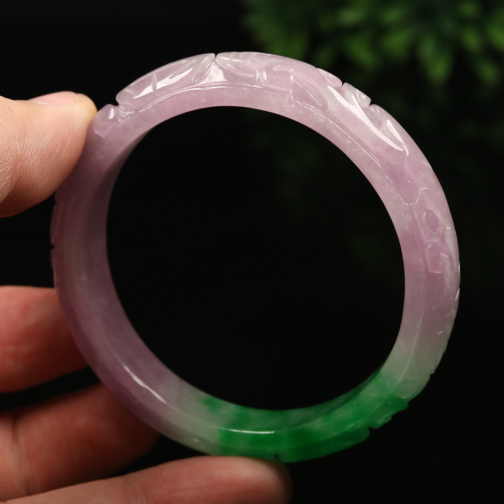 55mm Lavender Purple Green Jadeite Jade Bracelet Bangle Bat Coin 福在眼前 A-11671