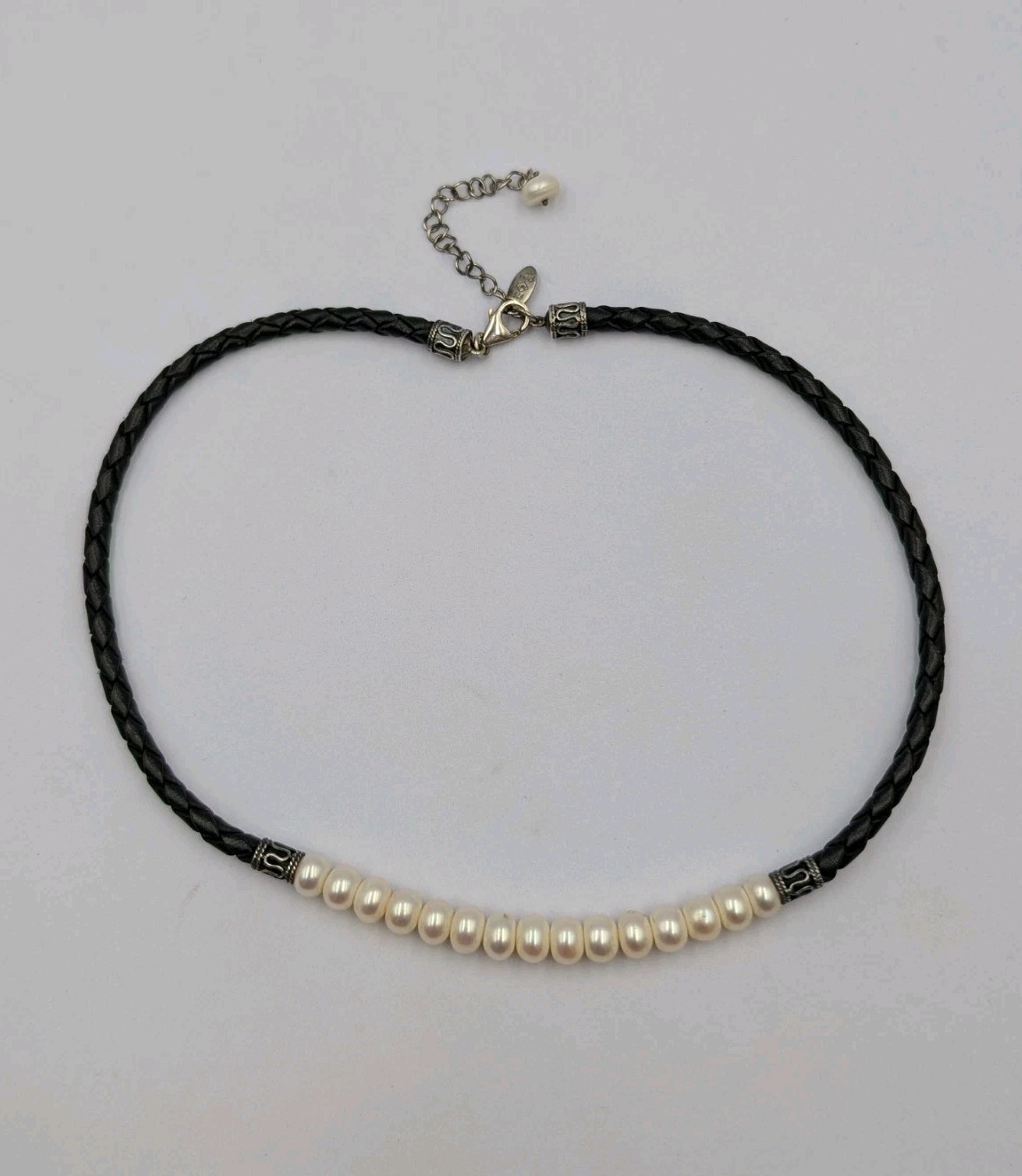 Imperial World Inc. Vtg Sterling Silver Freshwater Pearls Black Leather Necklace