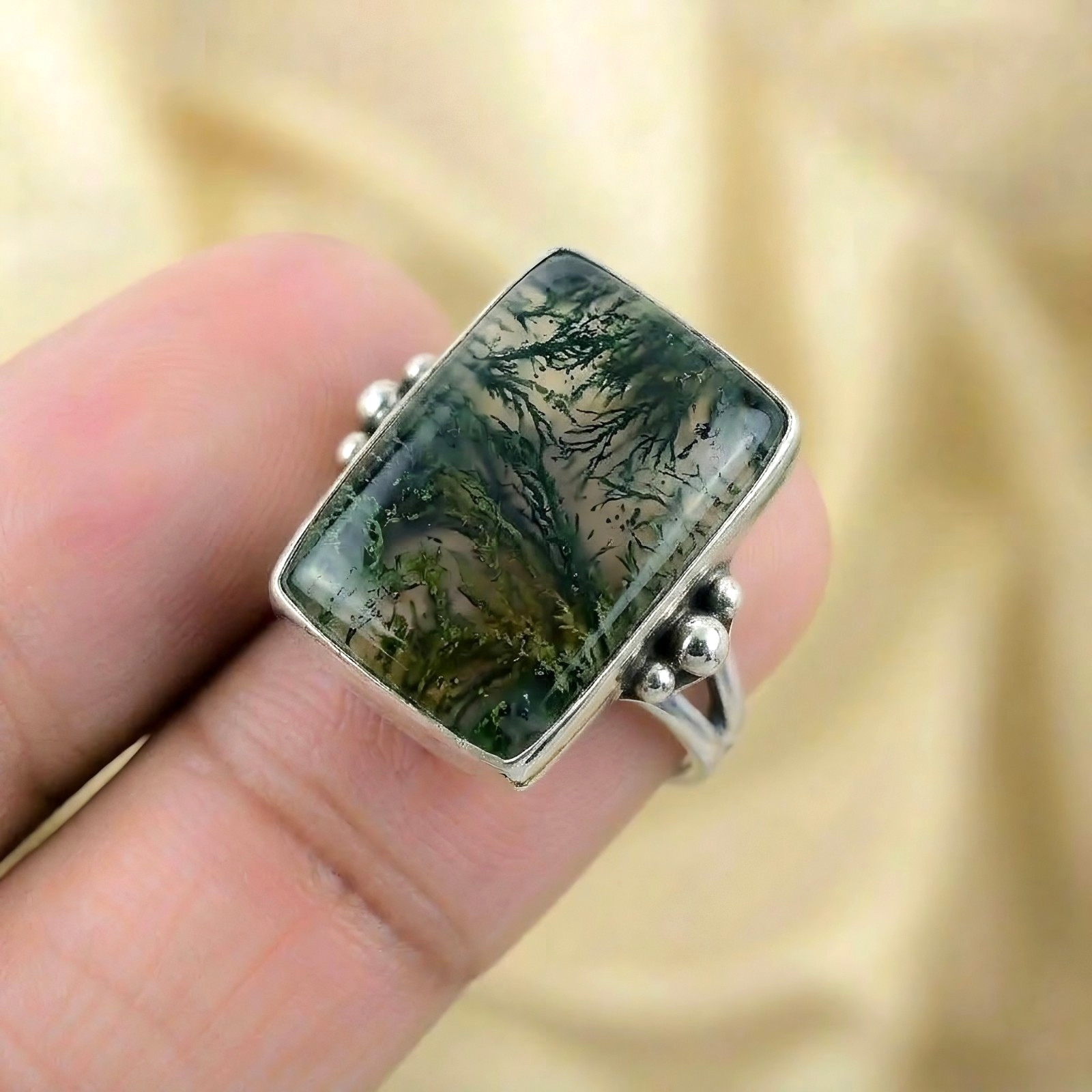 Moss Agate Gemstone Silver Ring 925 Sterling Silver Ring Silver Statement Ring