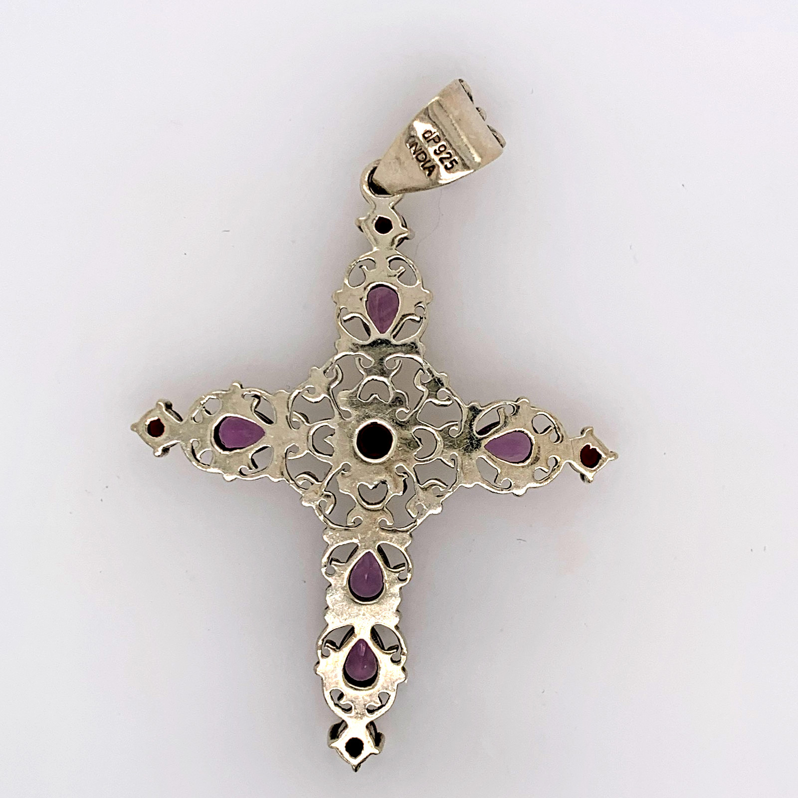 Sterling Silver Doug Paulus Amethyst & Garnet Swirly Cross Pendant for Women