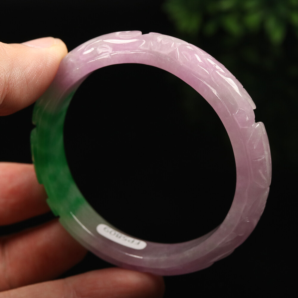55mm Lavender Purple Green Jadeite Jade Bracelet Bangle Bat Coin 福在眼前 A-11671