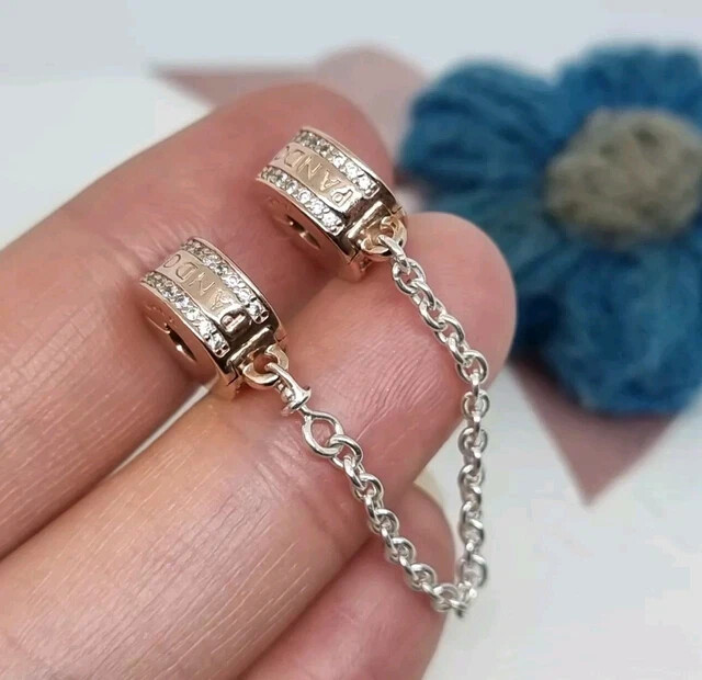 Authentic Pandora Rose Silver Two-tone Insignia Logo Safety Chain Clip M Charm