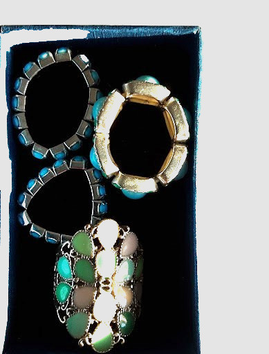Lot of 4 Boho Stretch Rings Faux Turquoise Green Shield Statement Size 6 to 7.5