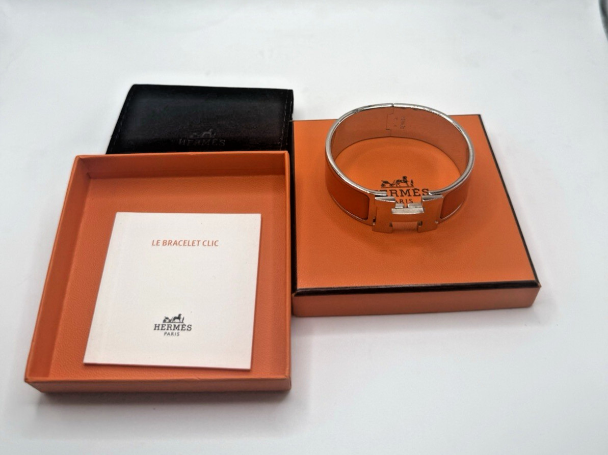 Hermès Clic Clac H Bracelet Orange Enamel Palladium Silver Tone Box Pouch 1 in