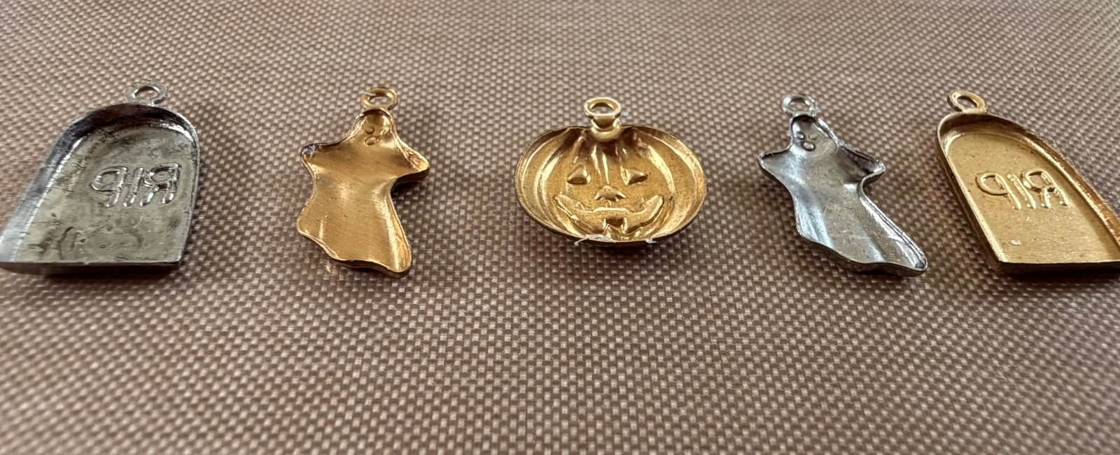 Vintage NOS Brass Halloween Charm Set 5 Pc Ghost Pumpkin RIP Tombstone Jewelry C