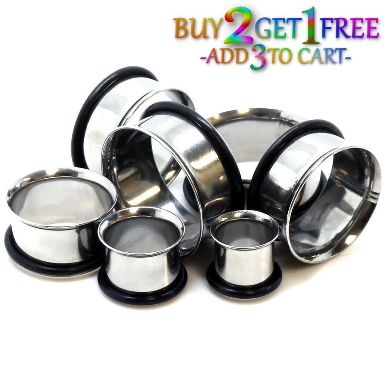 Pair 8g-50mm STAINLESS STEEL SINGLE FLARE TUNNELS Gauges Solid Body Plugs 1089