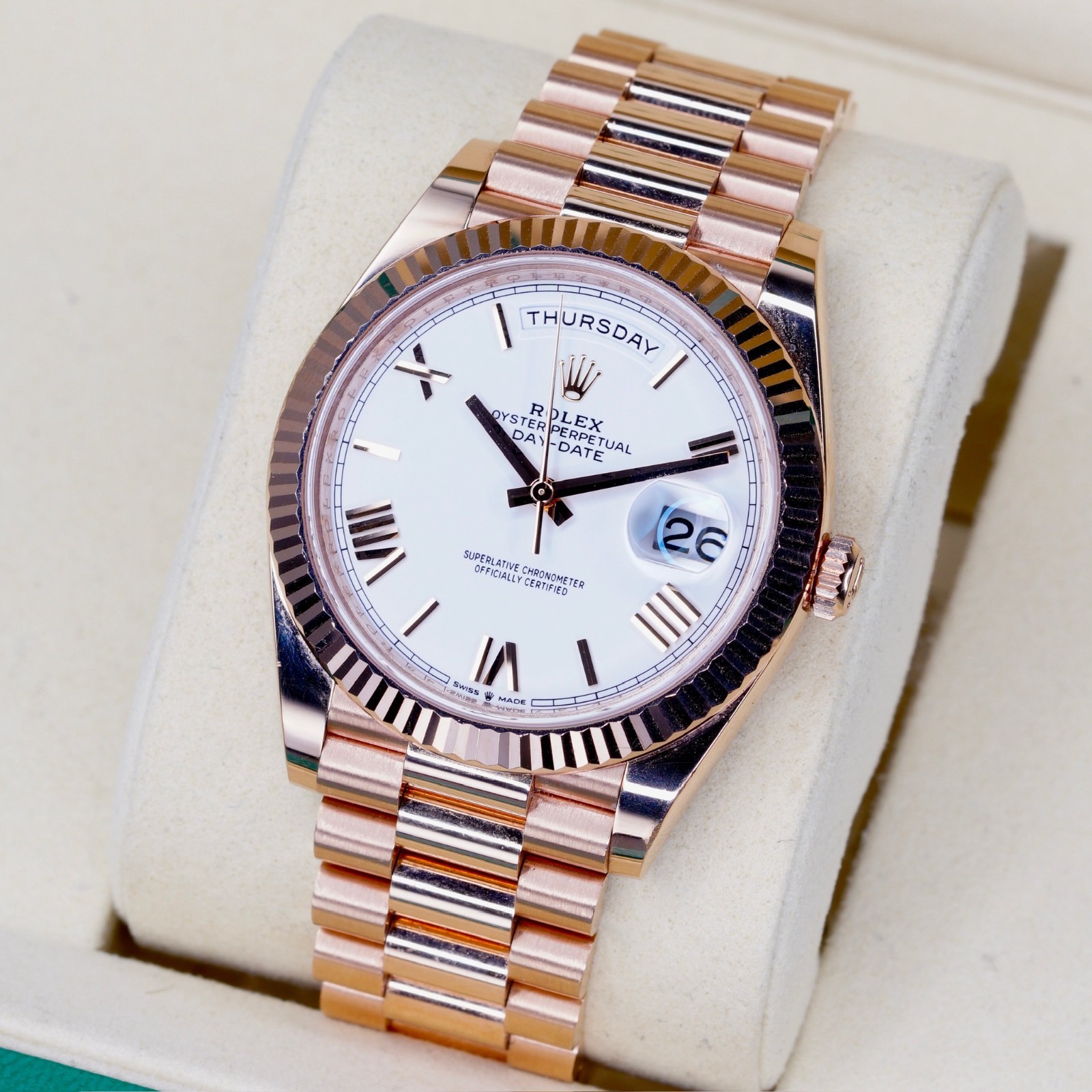 Rolex Day-Date 40 White Dial 18K Rose Gold Fluted Roman Numeral President 228235