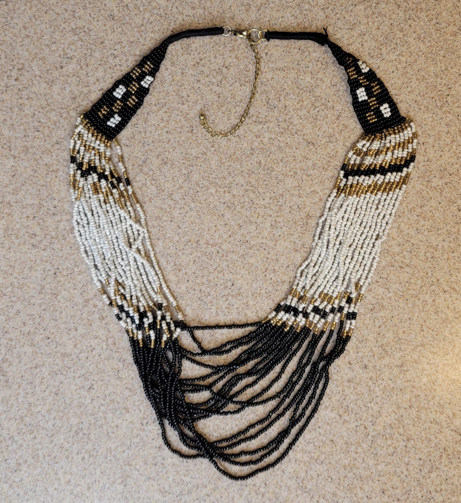 16 Strand Waterfall Necklace Black White Gold Seed Beads Beaded Vintage 22in