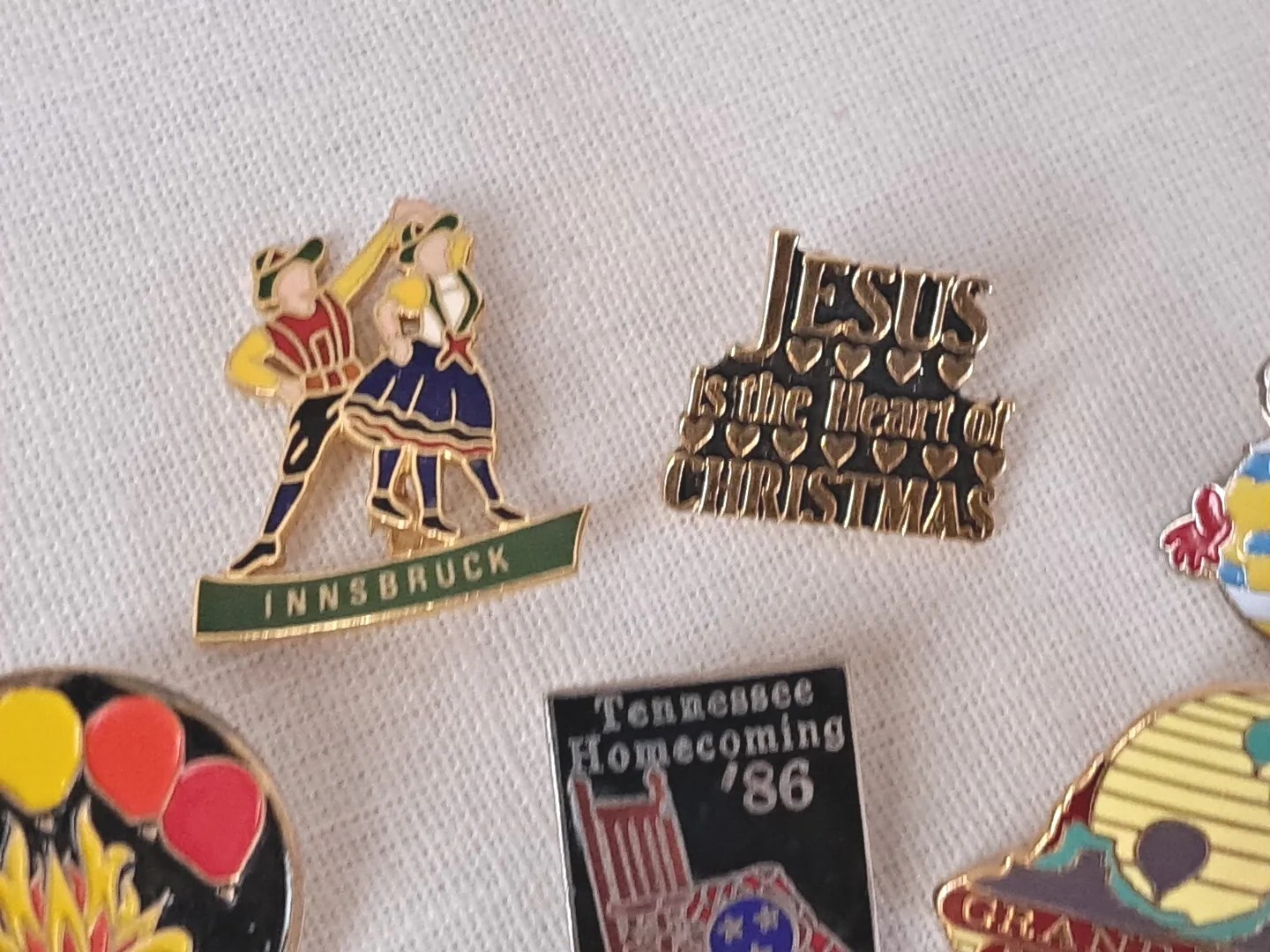 Vintage Enamel Pinback Button Lot Snoopy Enesco Winery Olympics Dutch Religious