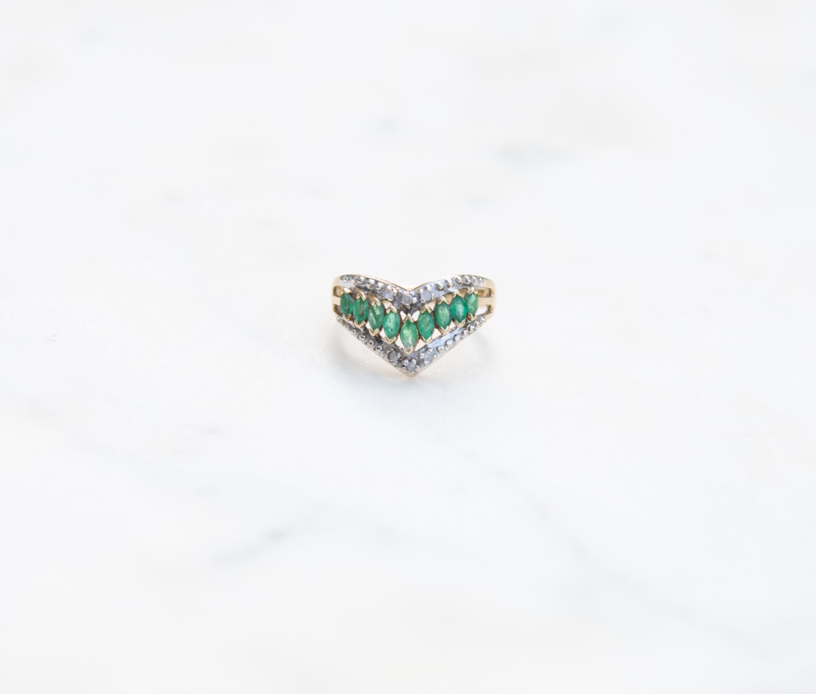 10K Two-Toned Emerald and Diamond Wishbone Ring