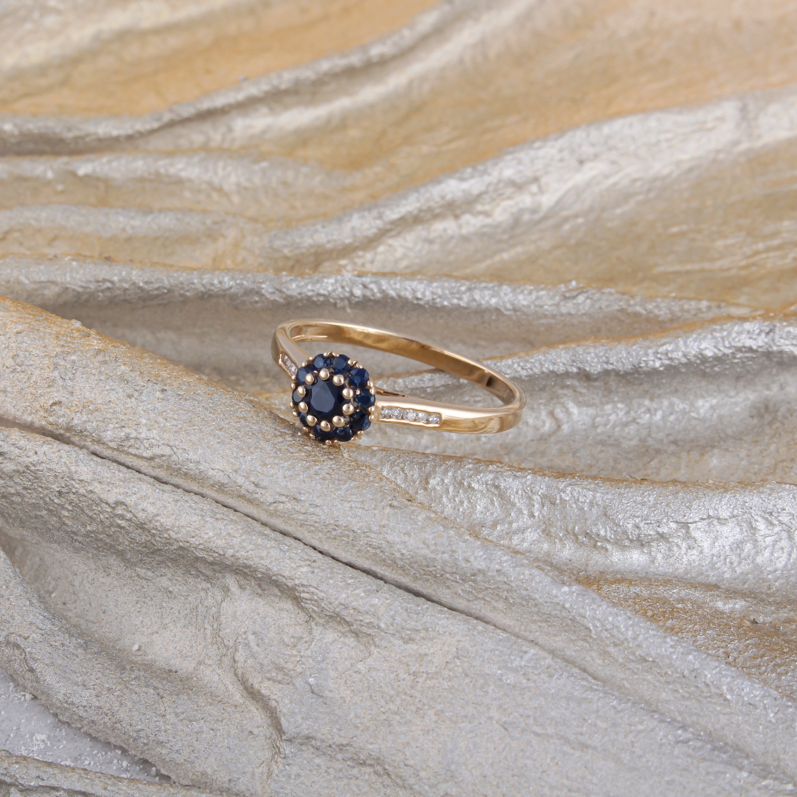 0.46 CT Blue Sapphire Cluster Diamond Channel Shoulder Ring 925 Sterling Silver