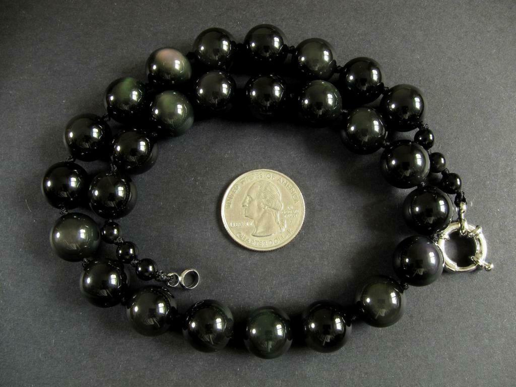 Genuine Black Obsidian 6mm-14mm Round Beads Gemstone Necklace 14-50 in