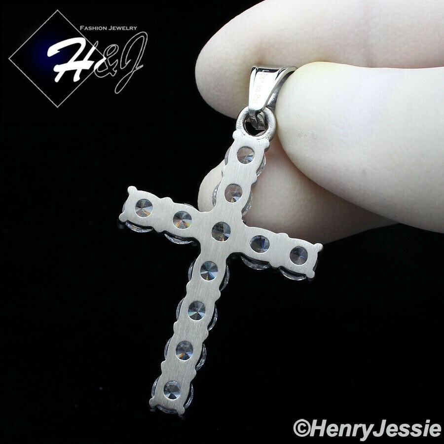 24″MEN 316L Stainless Steel 5mm Silver Box Link Chain ICY CZ Cross Pendant*IP138