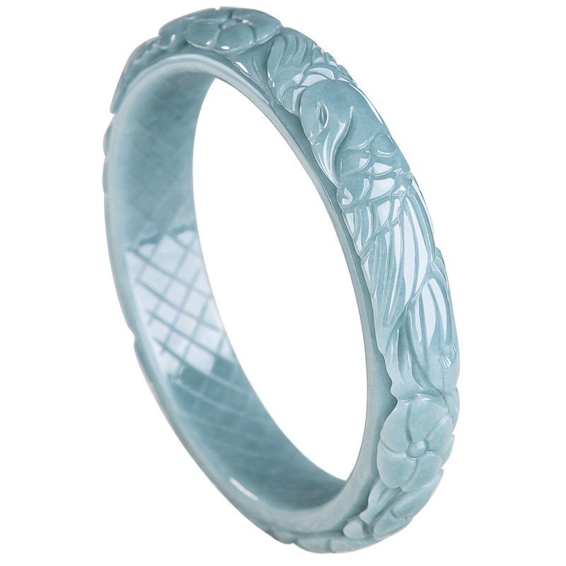 Certified natural A-grade jade blue water carved phoenix peony bracelet 54-64mm