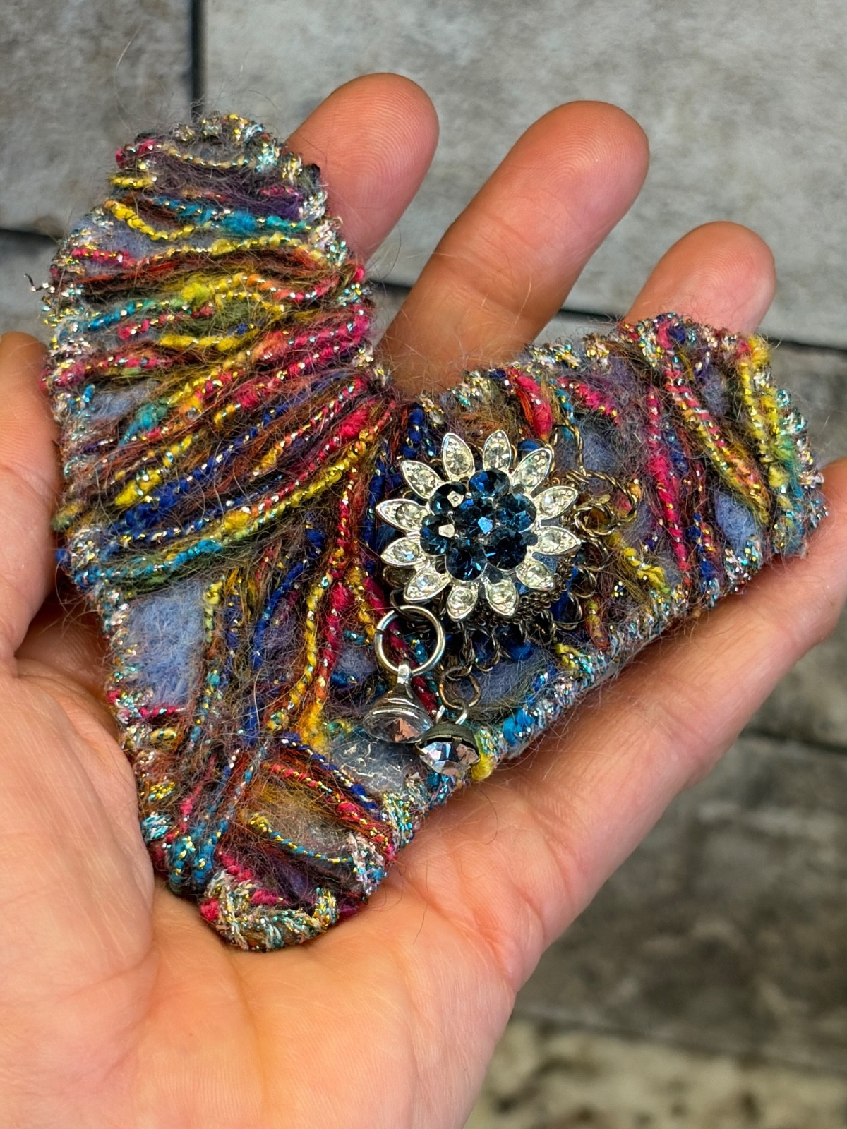 Vintage Handmade Fur Yarn HEART Pin Brooch Flower Rhinestone 3D Red Blue 3.75″