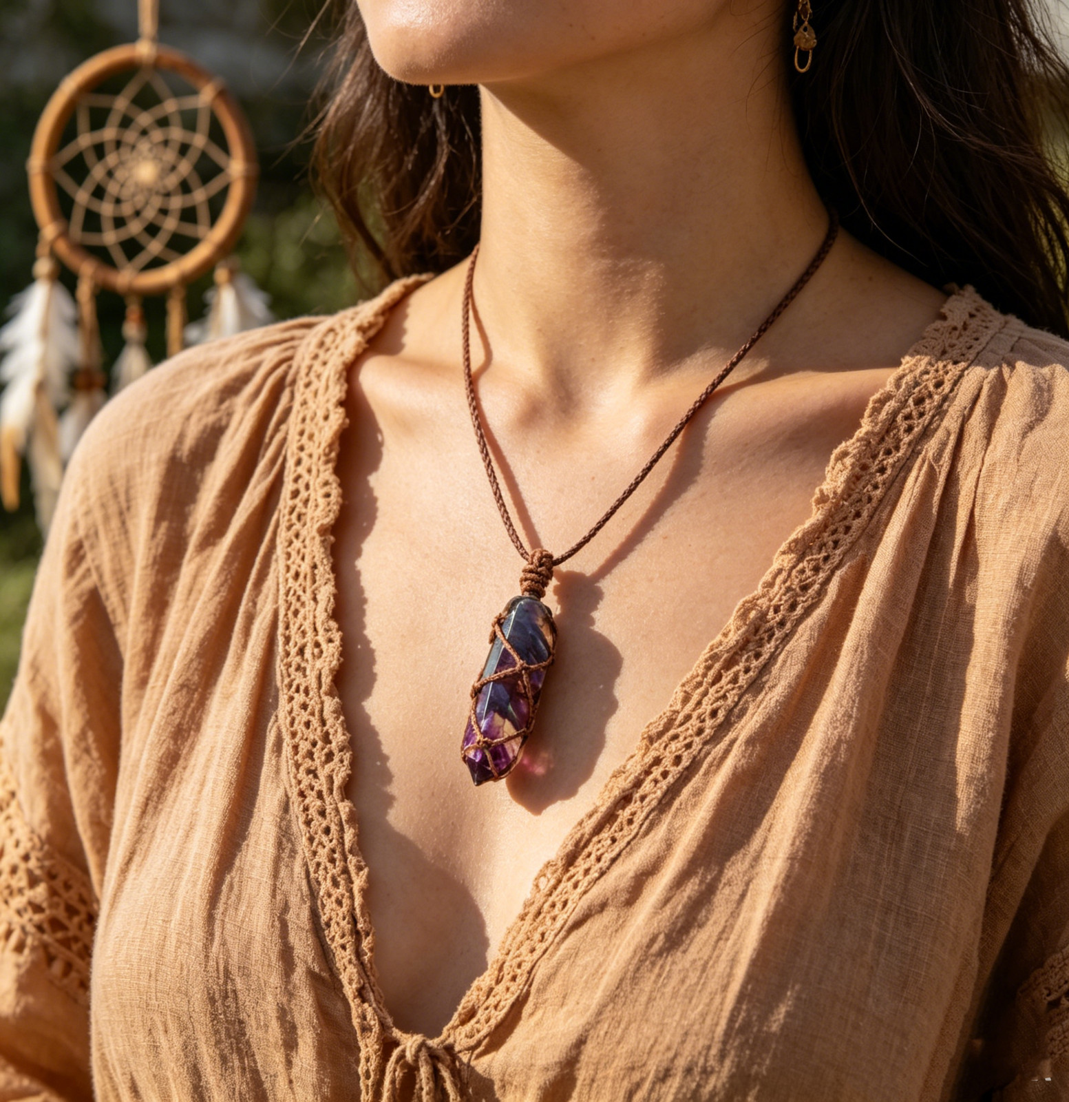 Natural Rainbow Fluorite Double Terminated Pendant Necklace Adjustable Cord