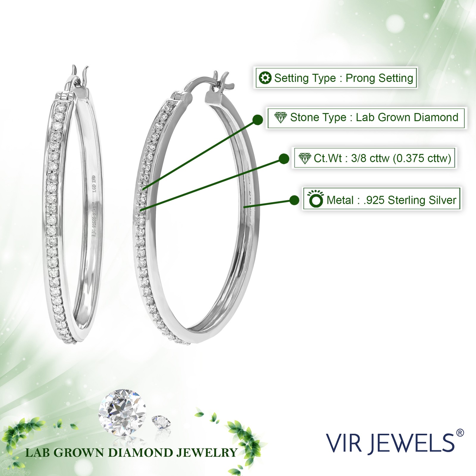3/8 cttw Lab Grown Diamond Hoop Earrings in Sterling Silver With Notched Post