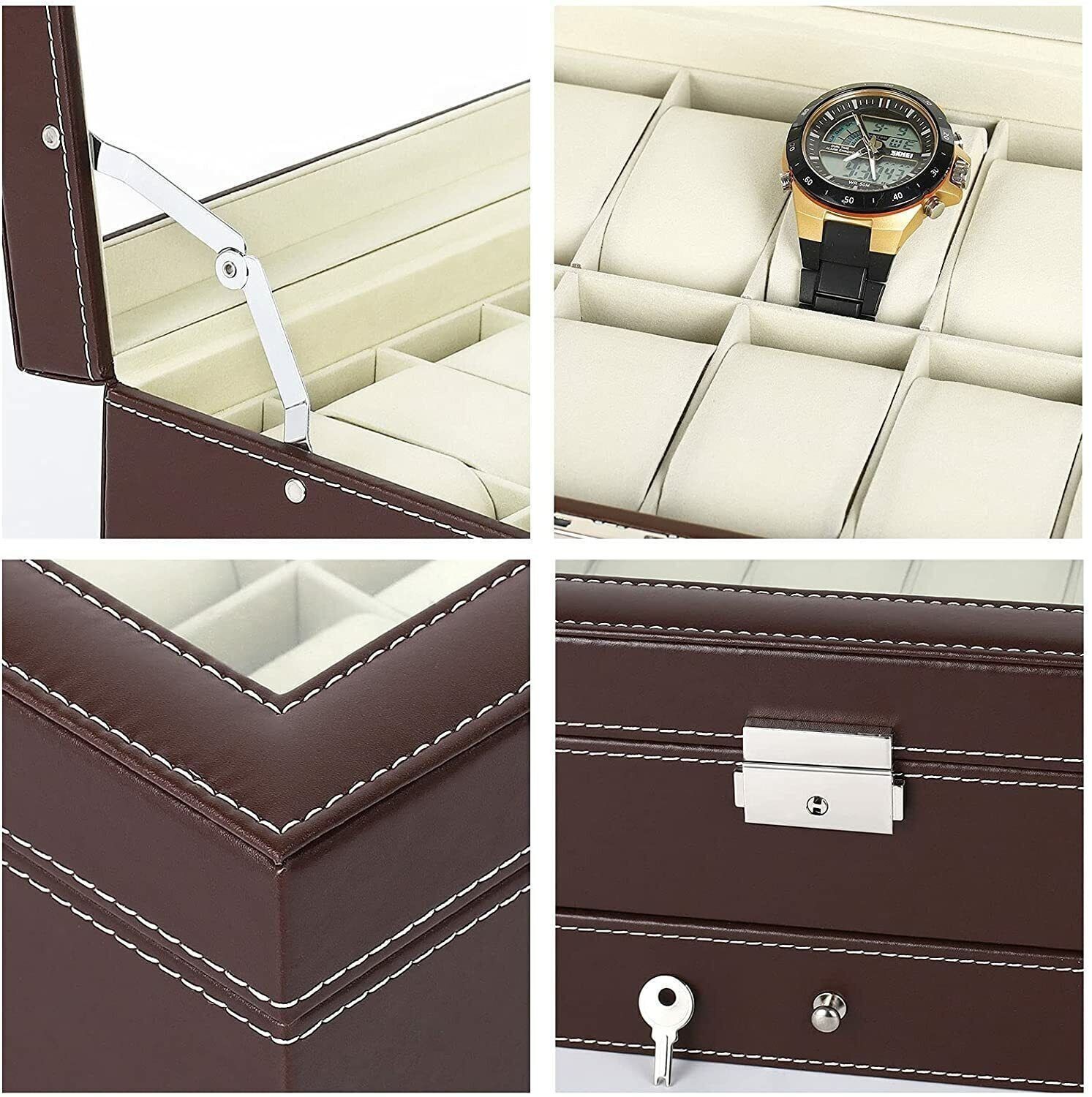 12 Slot PU Leather Lockable Watch Storage Boxes Men Jewelry Display Drawer Case