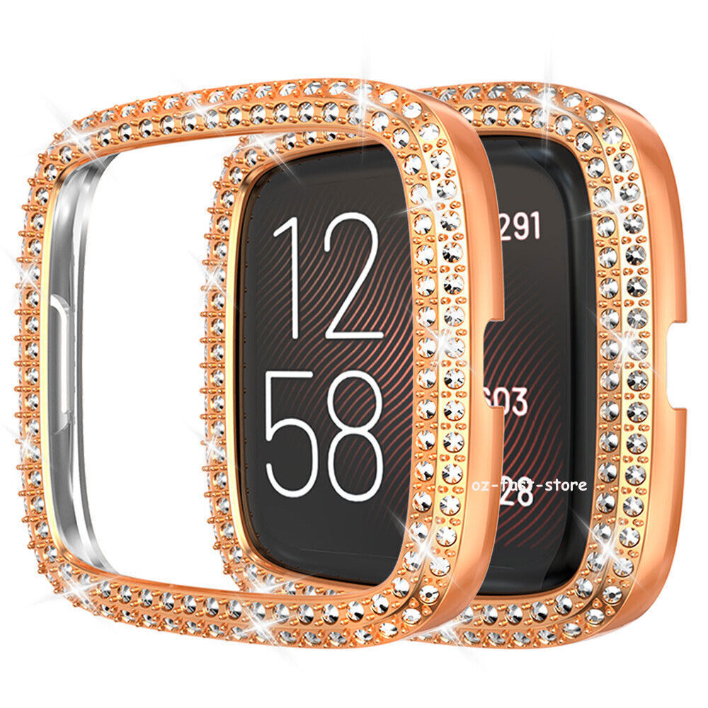 women Bling Stainless Steel Watch Band Strap +Pc Case for Fitbit Versa 3 / Sense