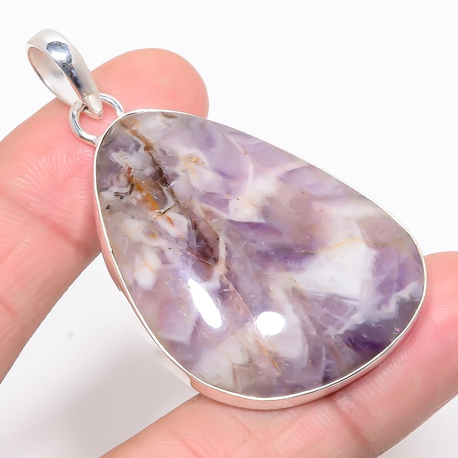 Chevron Amethyst Handmade Silver Plated Jewelry Pendant 2.29″ T92