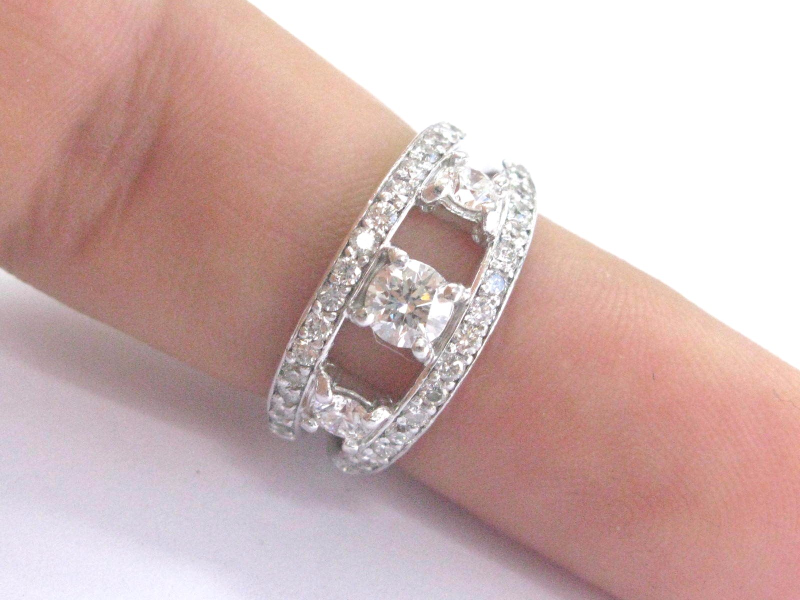 Platinum Round Diamond Three Stone WIDE Band Ring 9.7mm 1.19Ct SIZEABLE