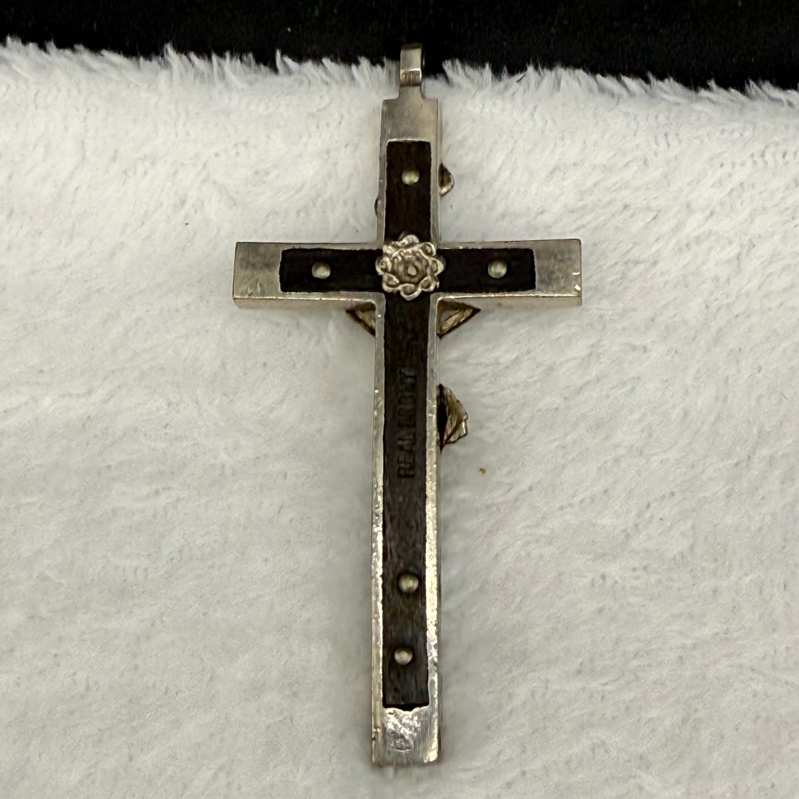 Vintage Real Ebony Wood Crucifix Pendant Silver Tone Memento Mori Skull 3″