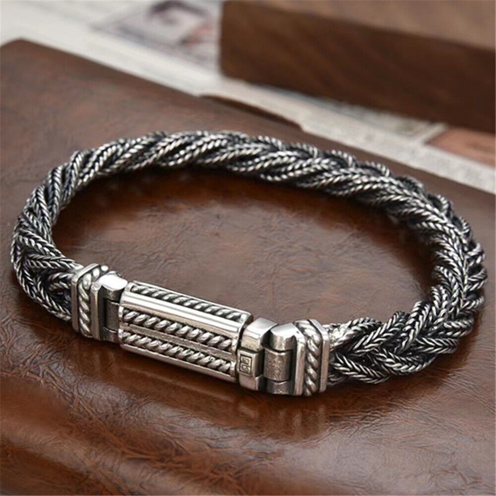 Pure S925 Sterling Silver Bracelet Women Men Vintage 10mm Braided Wheat Link