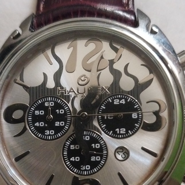 Haurex Flame Quartz Watch Date 24-Hour Brown Leather Strap 50m Box
