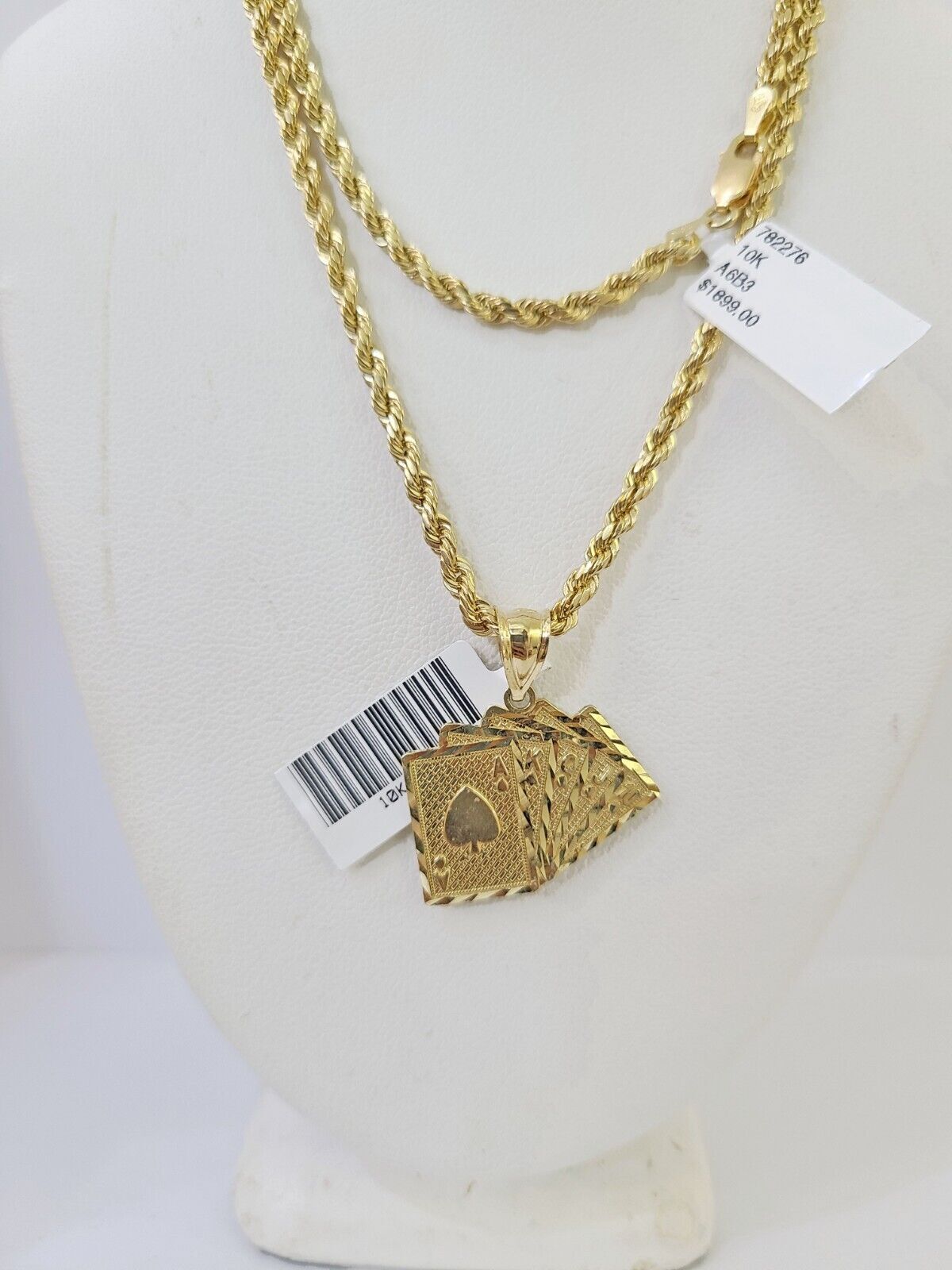 Real 10k 3mm Rope Chain Royal Flush Pendant 18″ 20″ 22″ 24″ 26″ Gold Set