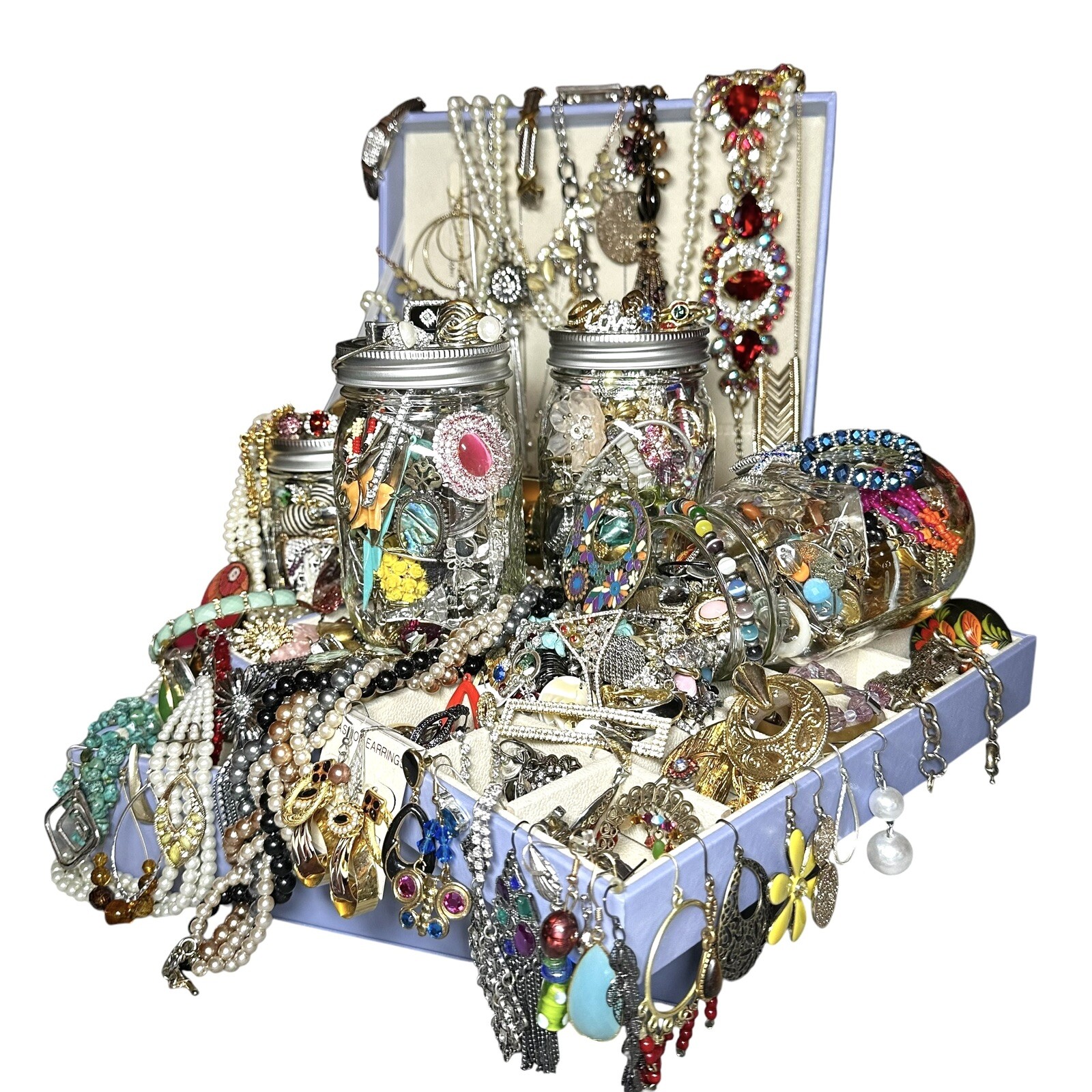 1+Lb Full (1) Ball Mason Jar Mystery Lot All Wearable Jewelry GUC Necklaces Etc.