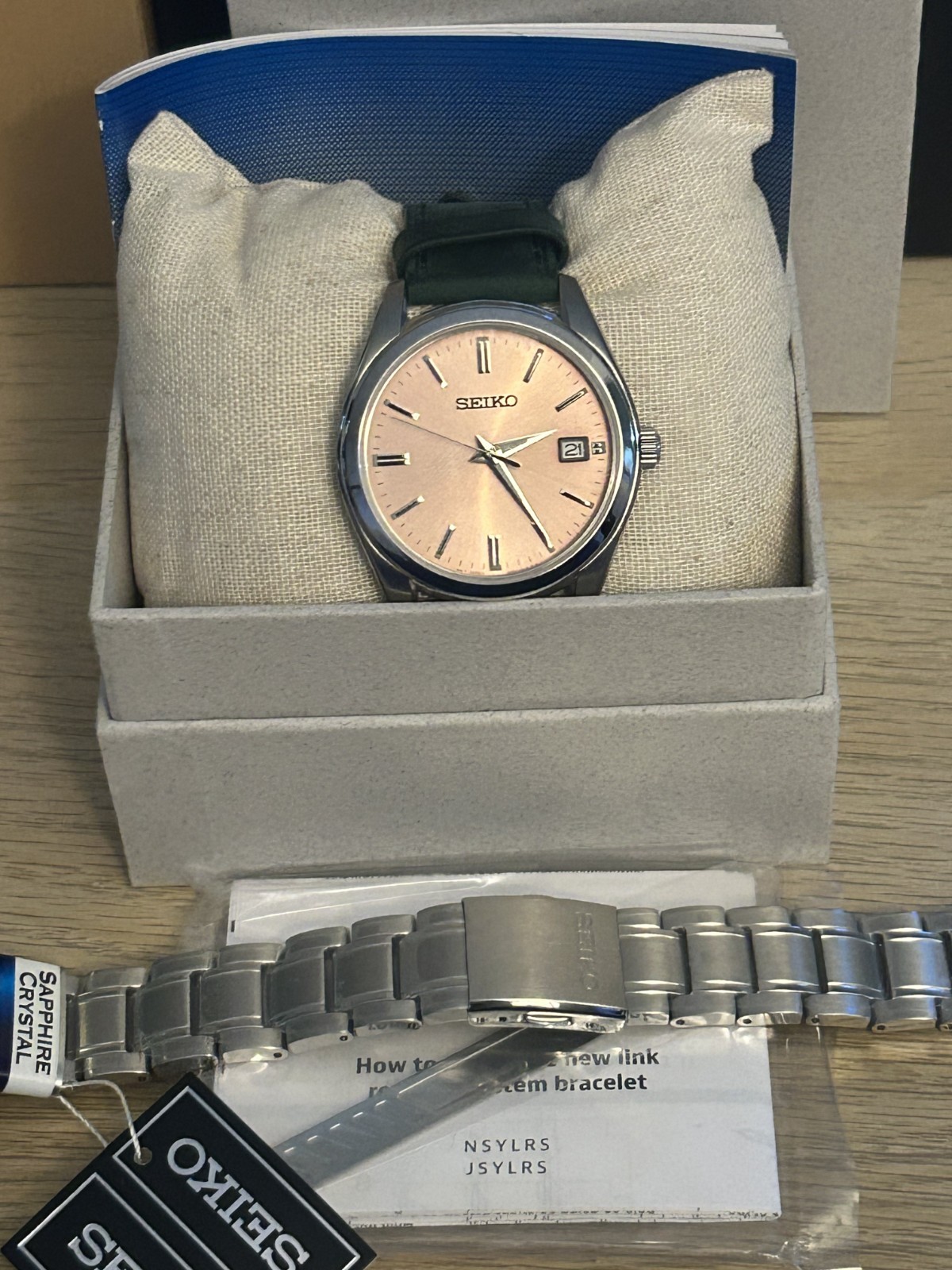 Seiko SUR523 Salmon Pink Sapphire Crystal Full Kit Mens Bracelet & Leather Strap