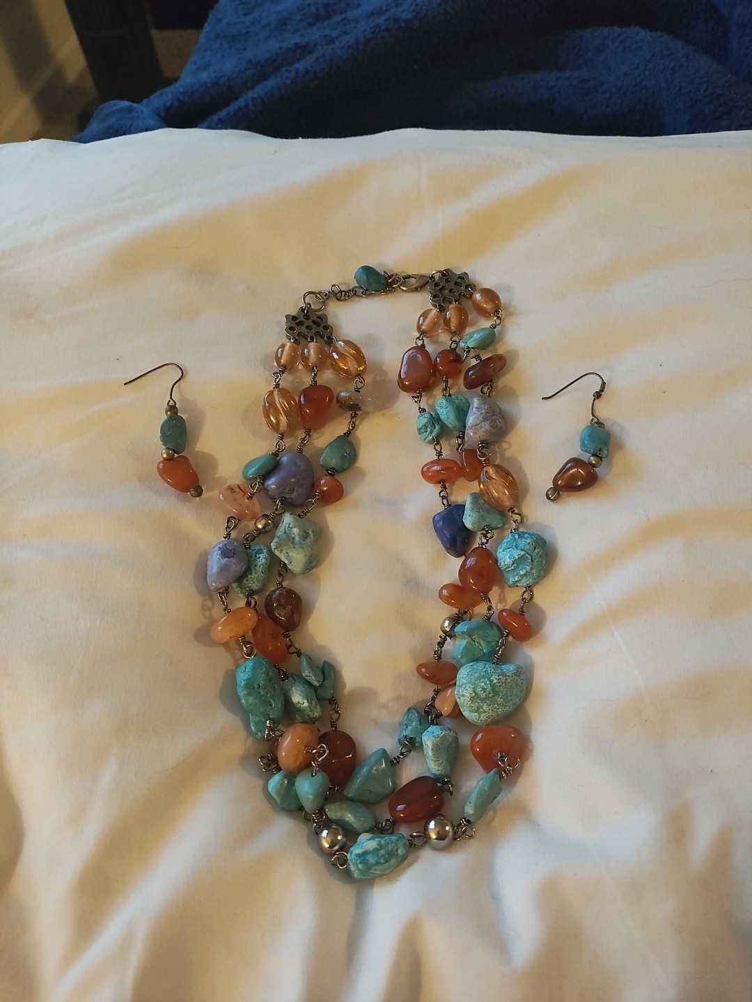 Artisan Amber & Turquoise 19″ 3 Strand Rock Necklace/ Earrings Southwest. Read