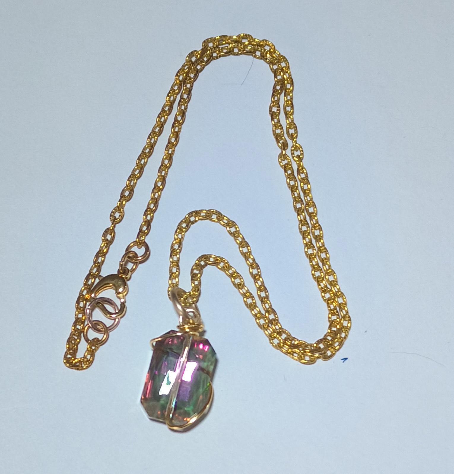 #5 Gold Necklace with a Pink/Green Crystal Wire Wrapped