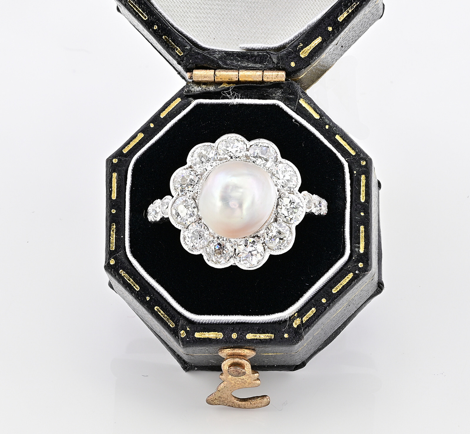 Edwardian Certified 8.5 mm. Natural Pearl 1.35 Ct Diamond Ring
