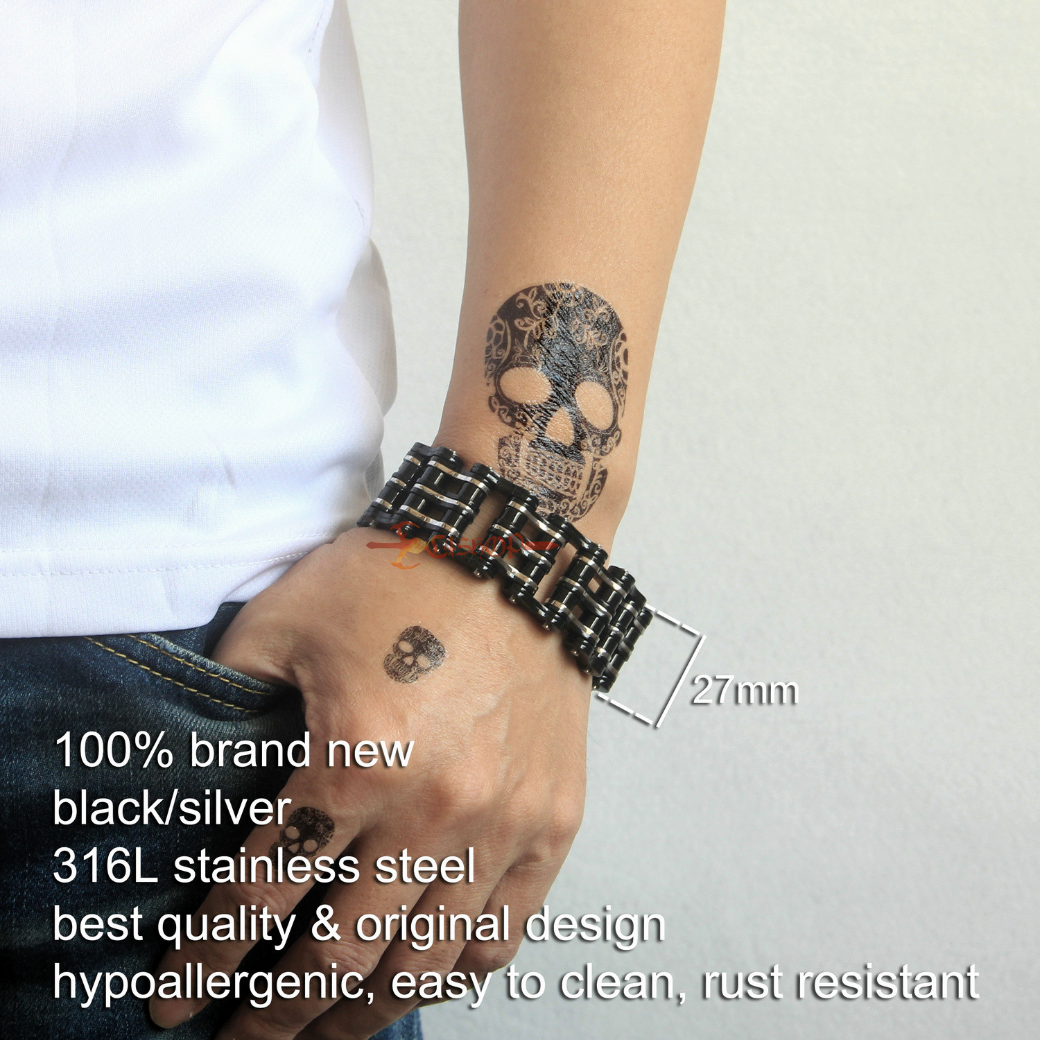 Heavy Black Motorcycle Bike Chain Men’s Bracelet Stainless Steel Biker 27mm Wide