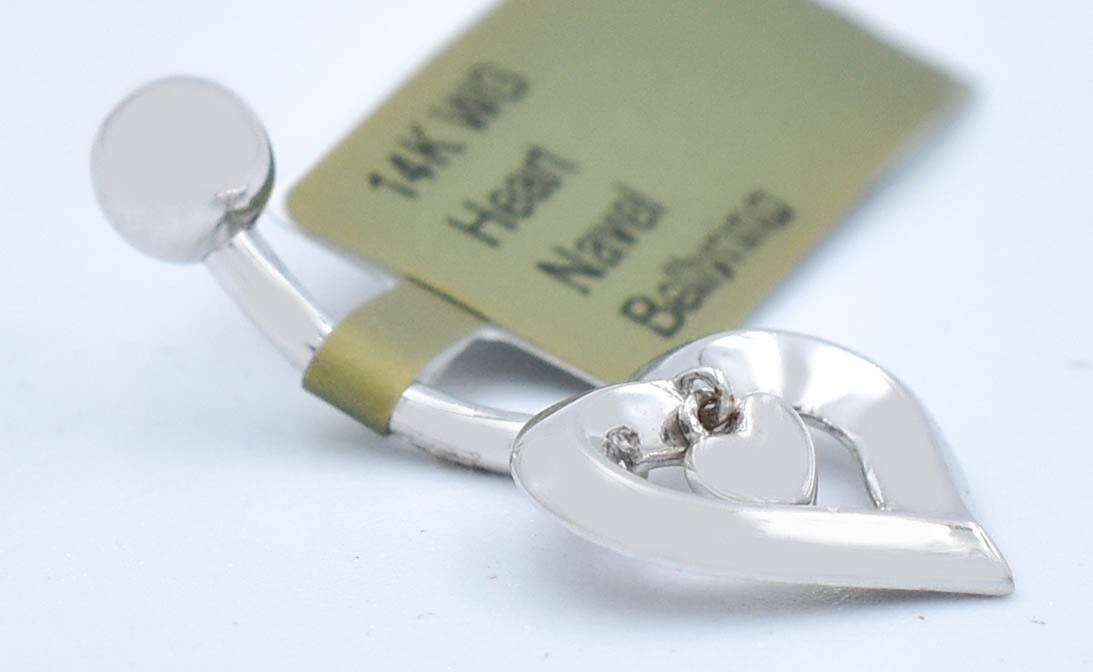 HEART NAVEL BELLY RING 14K WHITE SOLID GOLD – Free Shipping – Made in USA