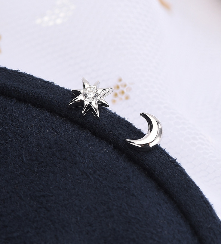 925 Sterling Silver Tiny Moon Star Asymmetric CZ Stud Earrings Women Jewelry AJ